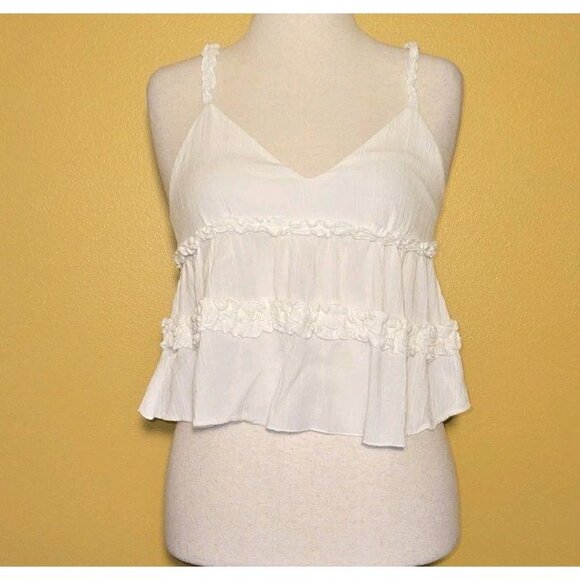 Cider Spaghetti Babydoll Ruffled Strap Blouse Top Medium Rayon Linen Cropped EUC - Picture 1 of 9
